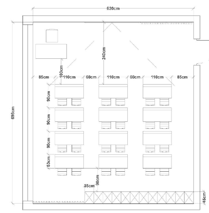 Sală de clasă pentru ciclu primar în clădire existentă cu dispunerea